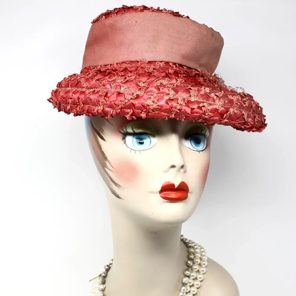 Vintage Mr Michael Red Straw Boater Hat w Wide Ribbon and Veil Trim – Hey Viv